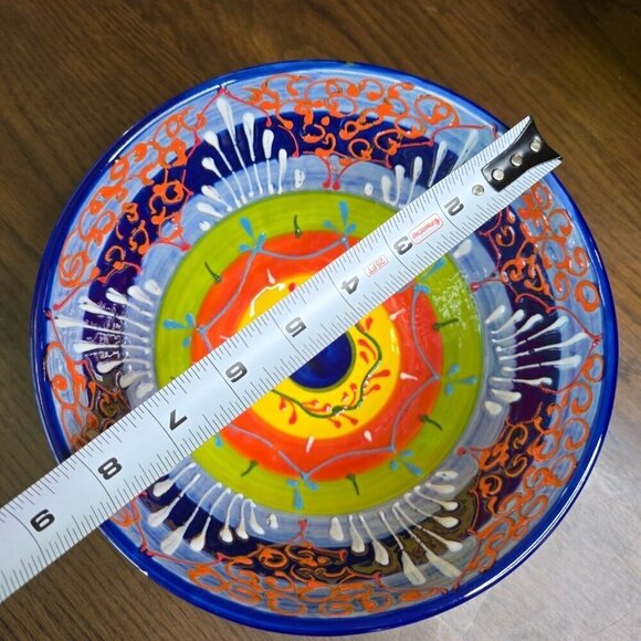 Hand-Painted Ceramic Bowl From Spain With Vibrant Blue Orange & Yellow Patterns - Picture 12 of 16